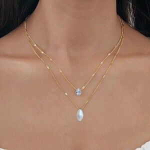 Delicate Gold Layered Freshwater Pearl & CZ Diamond Necklace Set